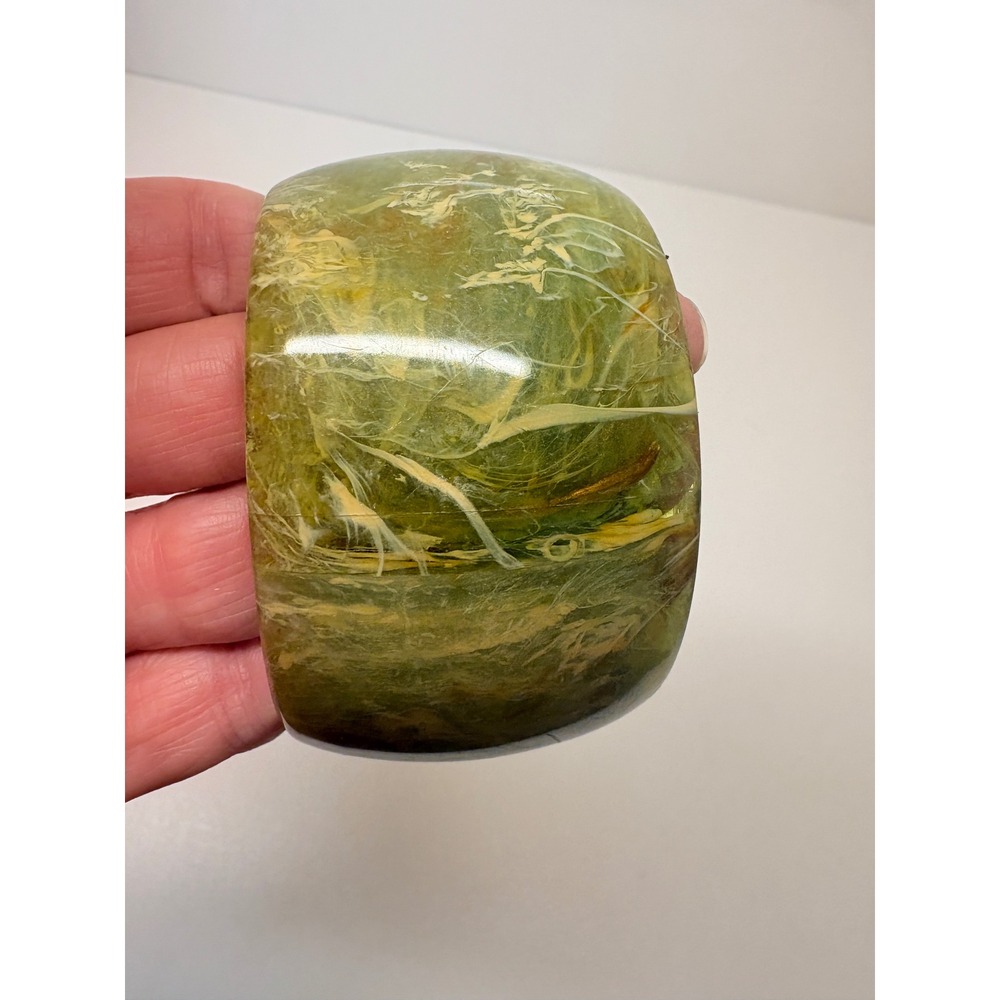 Vintage Green Marbled Chunky Resin Bangle Bracelet Wide Domed Cuff 7.75in